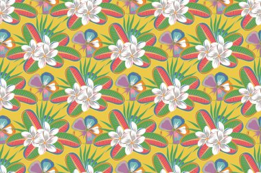 Yeşil, mor ve sarı renklerde klasik, dikişsiz desen. El yazısı raster plumeria çiçekleri, pullar, anahtarlar..