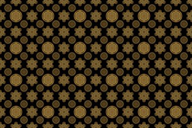 Siyah bir arkaplanda raster altın elementlerin kusursuz deseni.