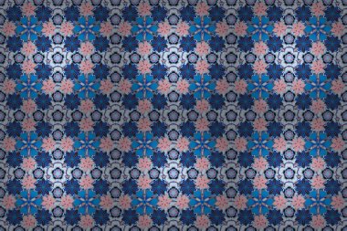 Geleneksel raster deseni. Mavi, mor ve pembe renkli barok tarzında kusursuz bir doğulu süsü..