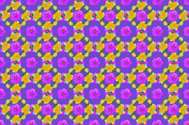 Dekoratif yaz kozmosuyla kusursuz desen sarı, yeşil ve mor renkler, suluboya raster çizimi.