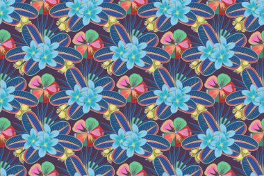 Mavi, mor ve pembe renklerde çiçeklerin kusursuz deseni. Plumeria çiçekleriyle optik yanılsama. Resimler iç tasarım, baskı, web ve tekstil tasarımı için iyidir.