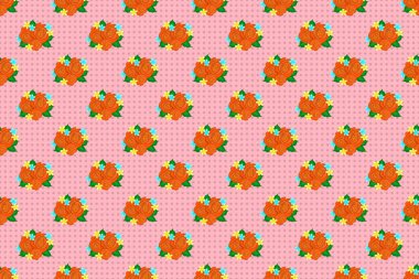 Eski tarz moda baskı. Enfes bir gül deseni. Dekorasyon ve tasarım için güzel bir raster deseni. Sarı, turuncu ve pembe renkli gül ve yeşil yapraklı pürüzsüz desen.