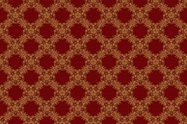 Doodle tarzı Altın Kar Taneleri 'nde kusursuz bir Noel deseni. Kağıt ürünleri, ambalaj, kırmızı arkaplanda tekstil.