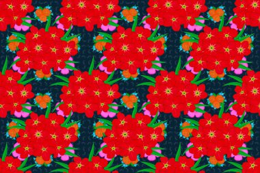 Dekoratif primula çiçekleri ve mavi, yeşil ve kırmızı yapraklı kusursuz arkaplan deseni. Raster illüstrasyonu.