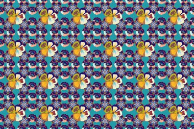 Güzel paçavra çiçeği arkaplanı. Kozmos çiçekleri pürüzsüz desenli pembe, mavi ve kahverengi renklerle.