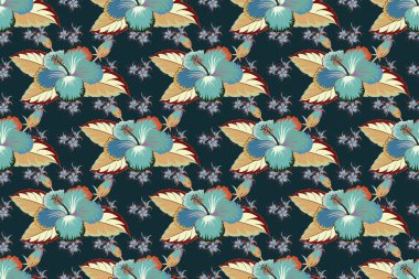 Raster desensiz çiçek deseni, çiçek desenleri ve mavi, bej ve kırmızı yapraklar..