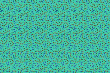 Kusursuz çiçek deseni, yeşil ve mavi renklerde küçük soyut kiraz, klasik tarzda raster illüstrasyon..