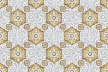 Gri arka planda, altın rengi süslemeli, pürüzsüz bir desen..