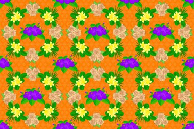 Yeşil, bej ve turuncu renklerde kusursuz desen. Raster el çizimi yeşil, bej ve turuncu amber çiçekleri.