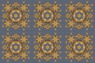 Şatafatlı çiçeksiz desen, düğme desenli doku, eski tarz dekoratif elementler. Raster illüstrasyonu. Altın yıldızlı zarif altın süs, süslü gri arka planda filigran dekoru.