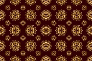 Raster kare kompozisyonu ve altın antika süs. Kahverengi arka planda altın şebeke ile pürüzsüz desen.