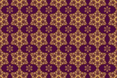 Altın çiçekli, pürüzsüz desen. Davetiyeler için dekorasyon, tebrik kartları, teşekkür mesajı. Raster açgözlülük ve tasarım için vignette. Mor arkaplanda Viktorya tarzı elementler.