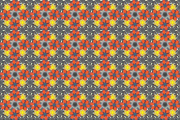 Ethnic Indian folklore. Stylized stars, snowflakes and grids. Raster abstract seamless patchwork background with blue, gray and orange ornaments, geometric Moroccan seamless pattern.