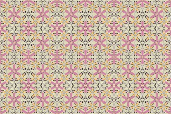 Geometric leaf ornament. Seamless abstract floral pattern in yellow, gray and pink colors. Cute raster background. Graphic modern pattern.