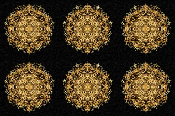Design for logo, game, cover, card. Raster sacred geometry round golden symbol with glowing stars on a black background.