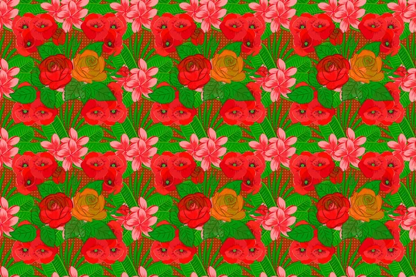 Raster Seamless Background Beautiful Watercolor Rose Flowers Green Leaves Orange — Stock Photo, Image