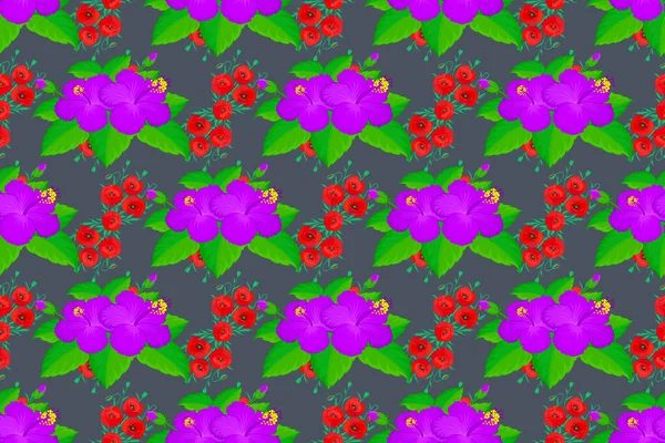 Raster Nahtloses Blumenmuster Mit Hibiskusblüten Blättern Dekorativen Elementen Spritzern Klecksen — Stockfoto