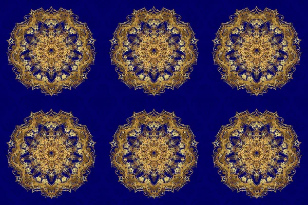 Растровая Абстрактная Стилизованная Золотая Мандала Замысловатый Золотой Арабеск Синем Фоне — стоковое фото