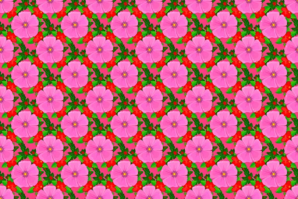 Płynny Wzór Tła Dekoracyjnymi Kwiatami Kosmosu Liści Różowym Tle Raster — Zdjęcie stockowe