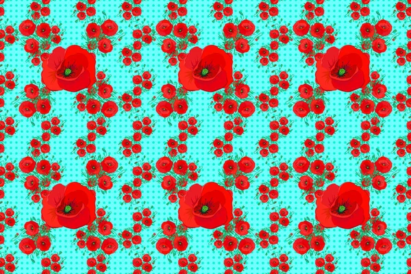 Decorative floral background with flowers of poppies. Raster seamless pattern with abstract poppies on blue background.