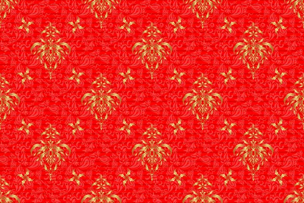 Seamless abstract modern pattern on a red backdrop. Red and golden seamless pattern. Geometric repeating raster ornament with golden elements.