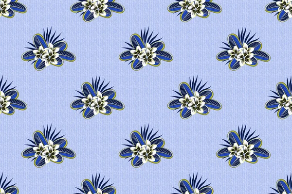 かわいいラスターの花の背景 青と紫の色でシームレスなパターンのプルメリアの花 — ストック写真