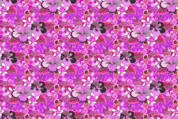 Raster Nahtloses Blumenmuster Mit Hibiskusblüten Und Blättern Violett Magenta Und — Stockfoto