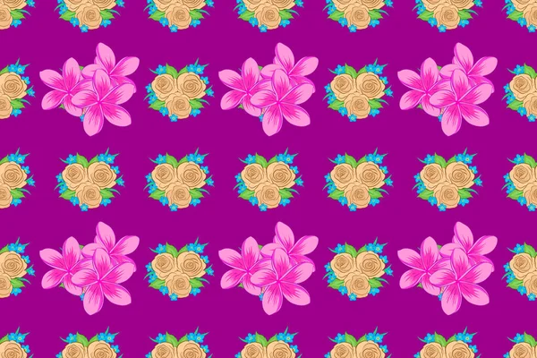 明るい絵は チューリップの花のプリントに影響を与えた シームレスなバックグラウンドを 紫色の背景に美しい水彩のプルメリア花 — ストック写真