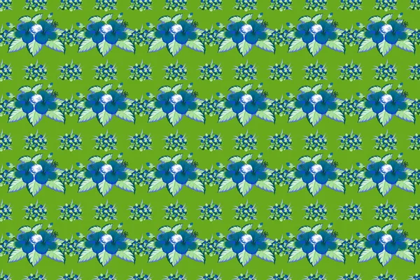 Green and blue ornament of simple hibiscus flowers, raster abstract seamless pattern for design and textile.