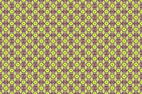 Raster illustration. Seamless pattern of stylized little flowers in purple, green and yellow colors. Seamless background with hand drawn flowers and plants.