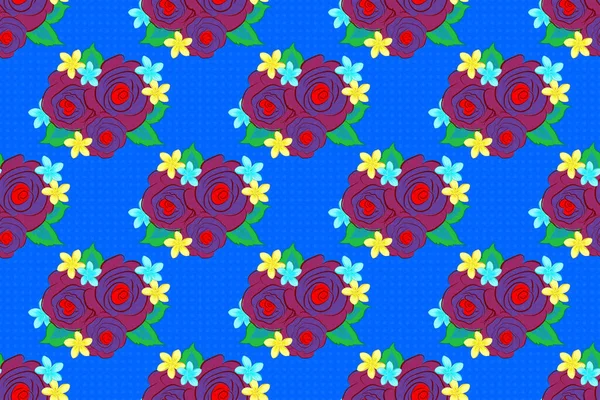 Hand painted sketch with abstract rose flowers in orange, pink and blue colors. Floral card design. Watercolor orange, pink and blue roses with green leaves seamless pattern.