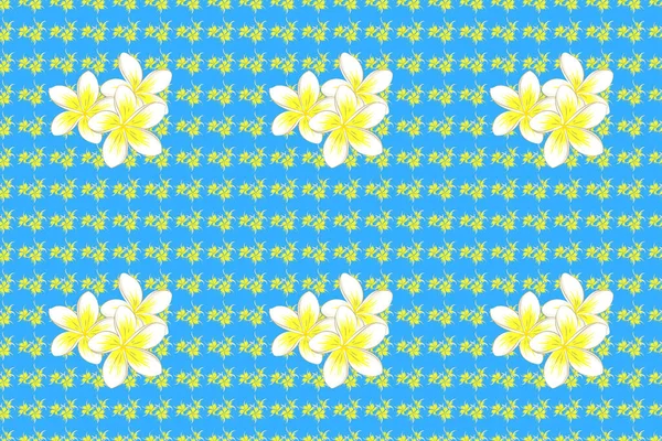 青い背景にプルメリアの花 装飾的な要素 スプラッシュ ブロックやドロップとラスターシームレスな花のパターン 落書きスケッチスタイル 手描きのイラスト — ストック写真