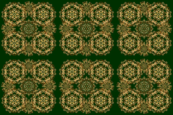 Ethnic Indian folklore. Raster abstract seamless patchwork background with green and golden ornaments, geometric Moroccan seamless pattern. Stylized golden stars, snowflakes and grids.