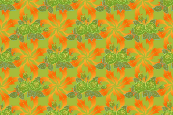 Raster Nahtloses Blumenmuster Mit Gelben Grünen Und Orangefarbenen Rosen Aquarell — Stockfoto