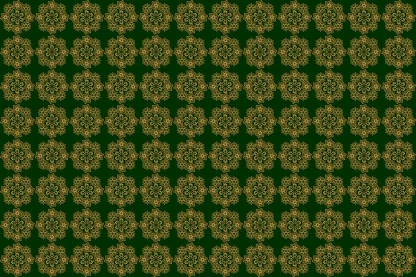 Vintage design in a green and golden colors. Raster seamless pattern on a green background. Damask elegant wallpaper.