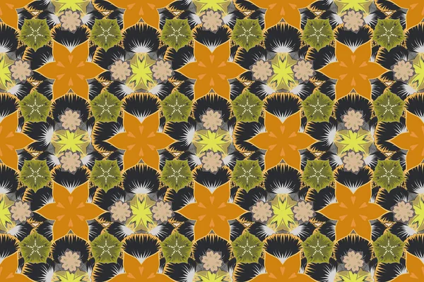 Raster striped seamless pattern with paisley. Decorative ornament for fabric, textile, wrapping paper. Floral wallpaper in gray, yellow and beige colors. Traditional oriental seamless paisley pattern.