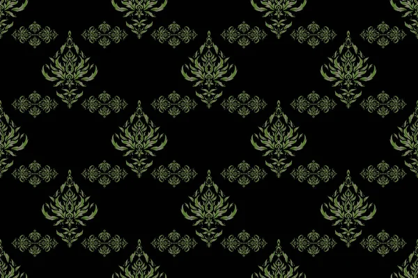 无缝图案东方饰品 伊斯兰栅栏设计 莫特利瓷砖 花柱图案 黑色背景下的灰色和绿色老式纺织品印花 — 图库照片