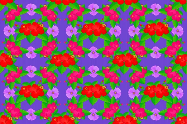 Raster Hibiscus Bloemen Knoppen Retro Naadloze Patroon Illustratie Magenta Violet — Stockfoto