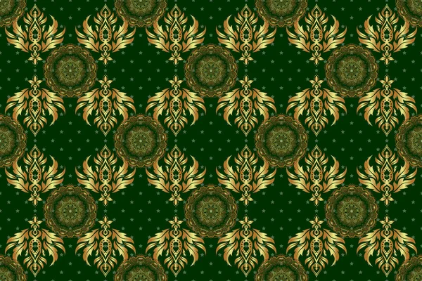 Floral oriental decor. Luxury wallpaper on green. Ornament for invitations, birthday, greeting cards, web pages. Raster seamless texture in Eastern style. Ornate golden pattern for design.