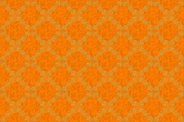 ラスターイラスト オレンジ色の背景に金色の光沢のある装飾 ダマスクシームレスなパターン 抽象的な形状 — ストック写真