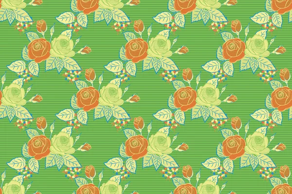 Prachtige Aquarel Roos Bloemen Groene Bladeren Groene Gele Oranje Kleuren — Stockfoto