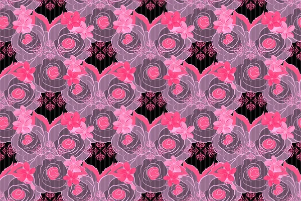 Vintage pattern with indian batik style rose flowers. Floral raster background. Seamless pattern with pink, black and gray roses.