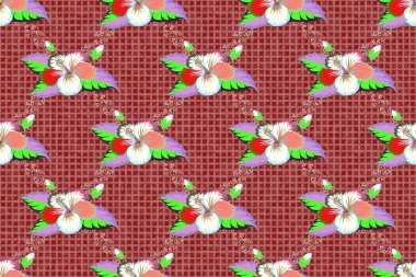 Küçük stilize çiçekler. Kırmızı ve yeşil renklerde, Ditsy, şirin, dikişsiz desen..