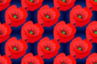 Siyah, kırmızı ve mavi renklerde kusursuz çiçek desenleri ve karışık gelincik çiçekleri. Raster illüstrasyonu.