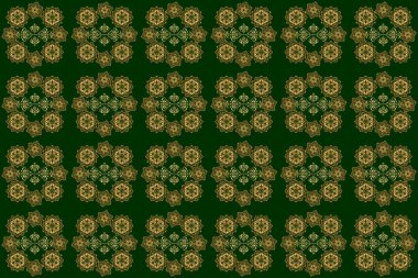 Kusursuz desenli oryantal süs. Çiçek kiremitleri. Yeşil ve altın renkli tekstil baskısı. İslami raster tasarımı.