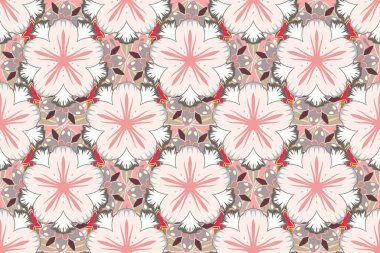 Küçük çiçekli, pürüzsüz bir desen. El yapımı Raster çizimi. Gri, beyaz ve bej renklerde pürüzsüz bir arkaplan.