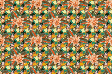 Raster dikişsiz çiçek deseni. Plumeria çiçekleri ve yeşil, turuncu ve sarı yapraklar..