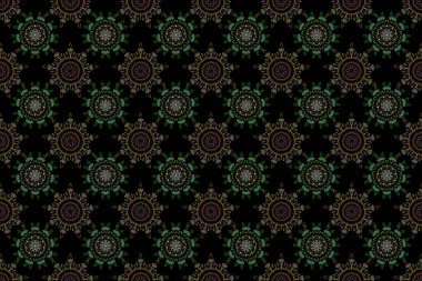 Sorunlu damasküler desensiz arka plan fayansları. Kahverengi, pembe ve yeşil renklerde pürüzsüz süsler..