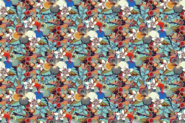 Amber çiçekleri ve yaprakları kahverengi, gri ve mavi renklerde olan dikişsiz çiçek deseni..