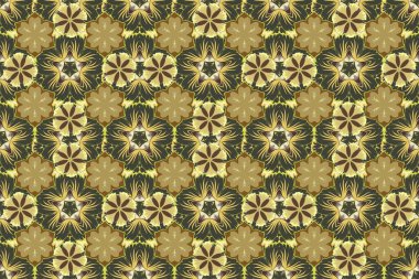 Kahverengi, sarı ve yeşil renklerde tropikal yapraklar ve çiçeklerle Raster pürüzsüz arkaplan deseni.